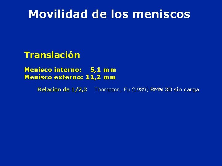 Movilidad de los meniscos Translación Menisco interno: 5, 1 mm Menisco externo: 11, 2