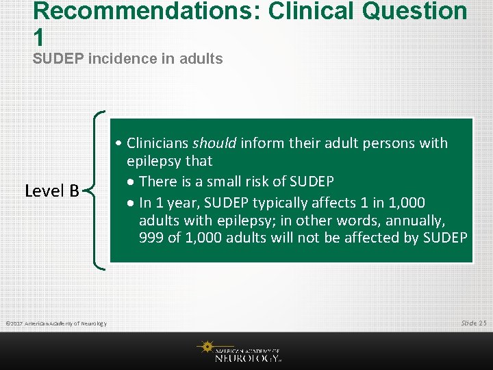 Recommendations: Clinical Question 1 SUDEP incidence in adults Level B © 2017 American Academy
