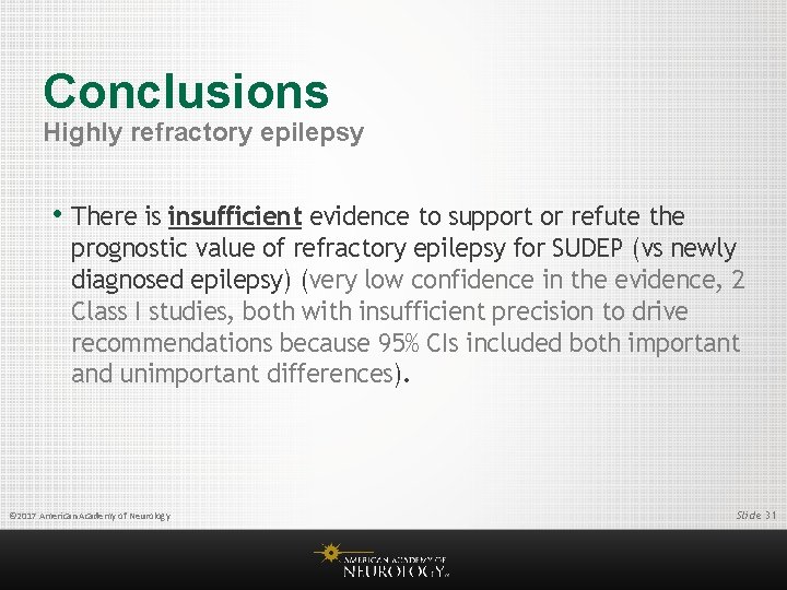 Conclusions Highly refractory epilepsy • There is insufficient evidence to support or refute the