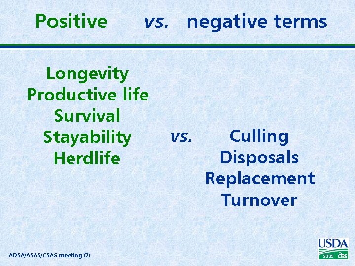 Positive vs. negative terms Longevity Productive life Survival Stayability Herdlife ADSA/ASAS/CSAS meeting (2) vs.
