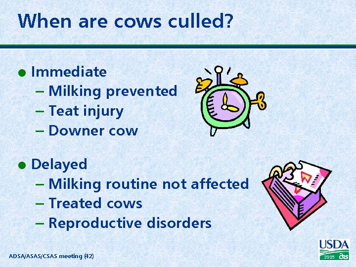 When are cows culled? l l Immediate – Milking prevented – Teat injury –