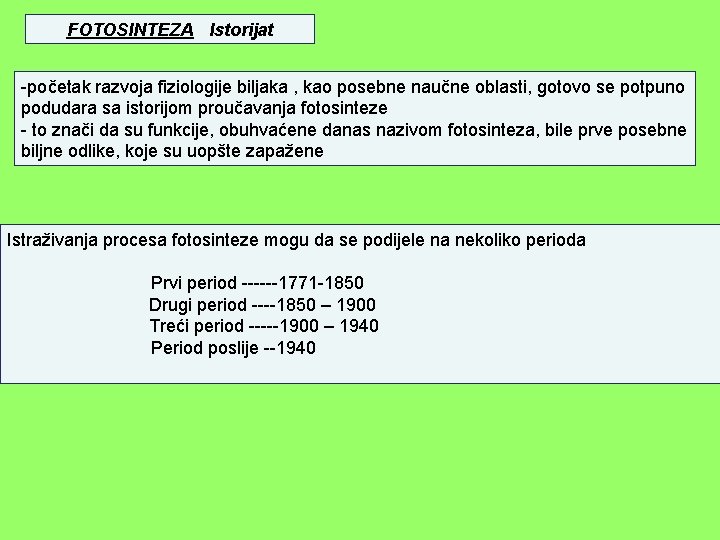 FOTOSINTEZA Istorijat -početak razvoja fiziologije biljaka , kao posebne naučne oblasti, gotovo se potpuno
