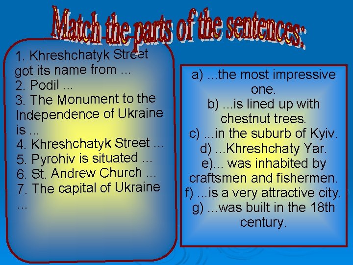 1. Khreshchatyk Street got its name from. . . 2. Podil. . . 3.
