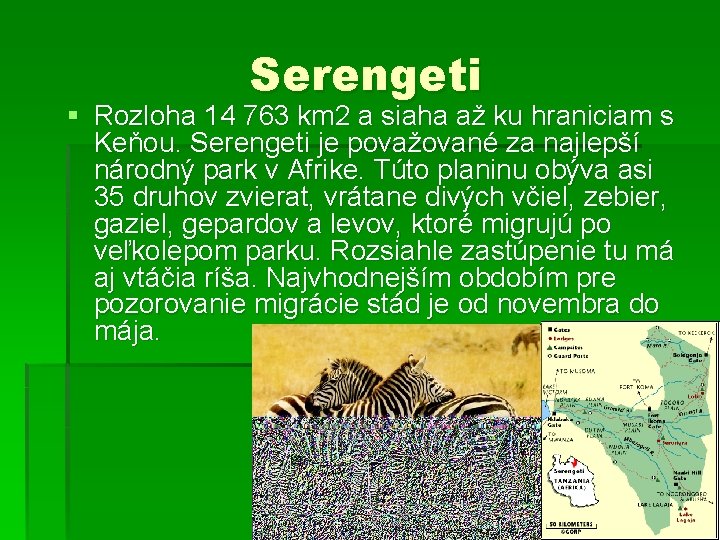 Serengeti § Rozloha 14 763 km 2 a siaha až ku hraniciam s Keňou.