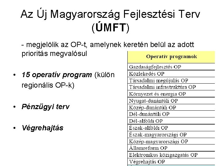 Az Új Magyarország Fejlesztési Terv (ÚMFT) - megjelölik az OP-t, amelynek keretén belül az