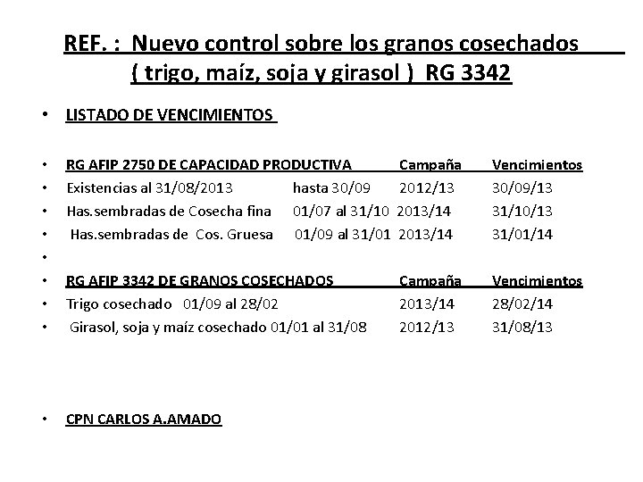 REF. : Nuevo control sobre los granos cosechados ( trigo, maíz, soja y girasol