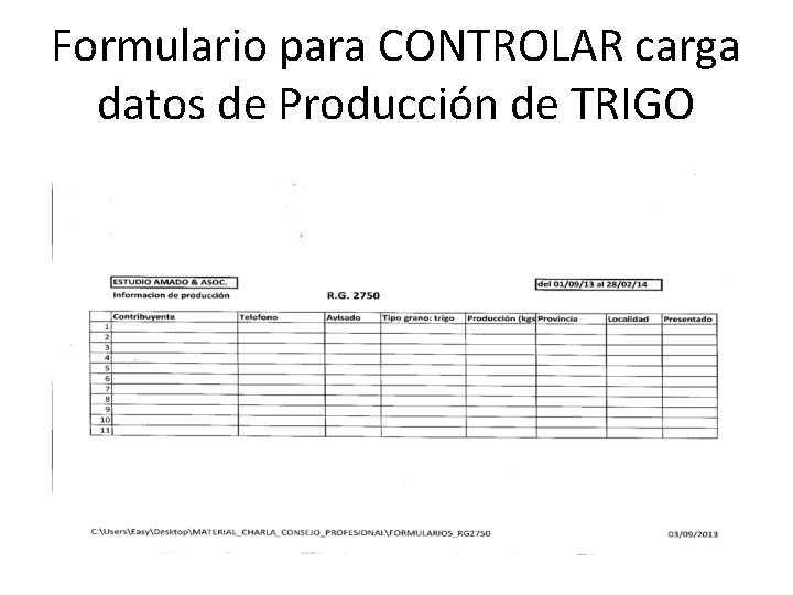 Formulario para CONTROLAR carga datos de Producción de TRIGO 