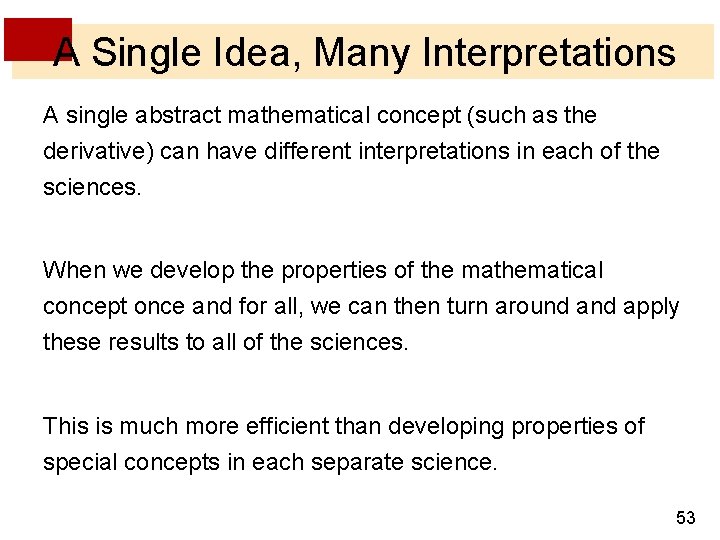 A Single Idea, Many Interpretations A single abstract mathematical concept (such as the derivative) A Single Idea, Many Interpretations A single abstract mathematical concept (such as the derivative)