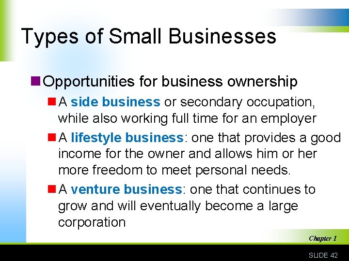 Types of Small Businesses n Opportunities for business ownership n A side business or