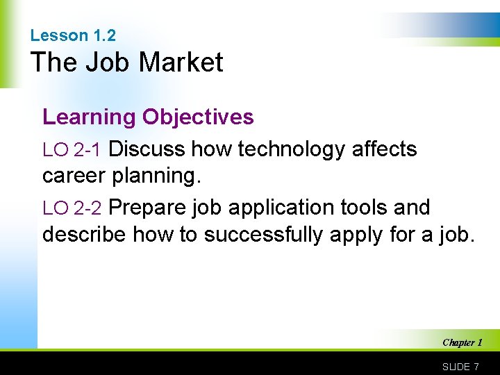 Lesson 1. 2 The Job Market Learning Objectives LO 2 -1 Discuss how technology