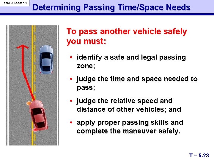 Topic 3 Lesson 1 Determining Passing Time/Space Needs To pass another vehicle safely you