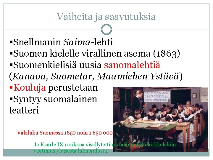 Vaiheita ja saavutuksia §Snellmanin Saima-lehti §Suomen kielelle virallinen asema (1863) §Suomenkielisiä uusia sanomalehtiä (Kanava,