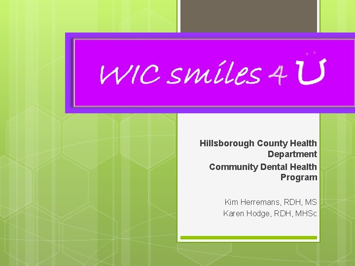 Hillsborough County Health Department Community Dental Health Program Kim Herremans, RDH, MS Karen Hodge,