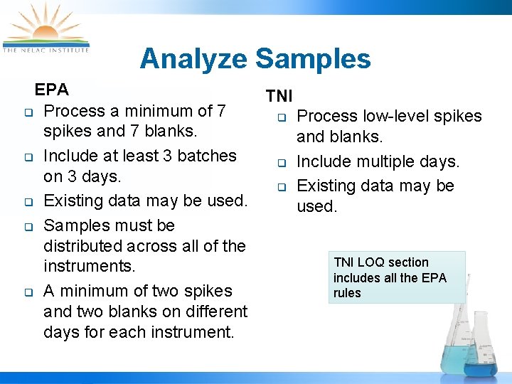 Analyze Samples EPA TNI q Process a minimum of 7 q Process low-level spikes