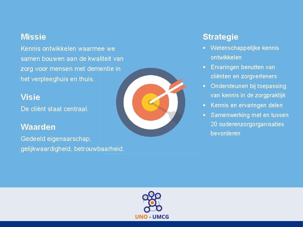 Missie Strategie Kennis ontwikkelen waarmee we § Wetenschappelijke kennis samen bouwen aan de kwaliteit