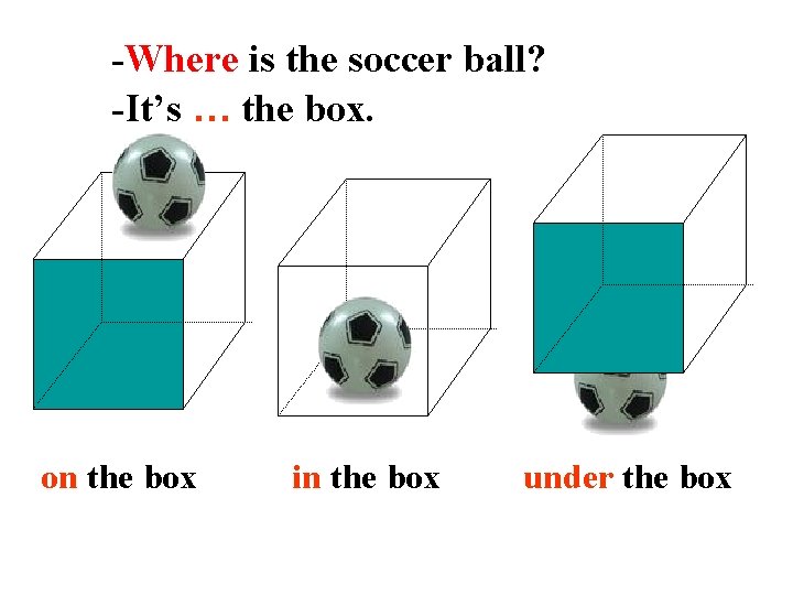 -Where is the soccer ball? -It’s … the box. on the box in the