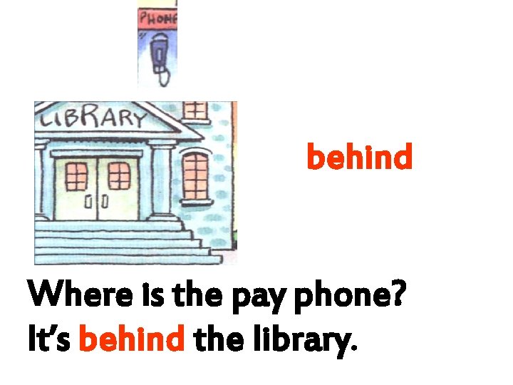 behind Where is the pay phone? It’s behind the library. 