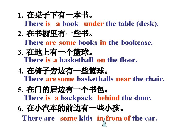 1. 在桌子下有一本书。 There is a book under the table (desk). 2. 在书橱里有一些书。 There are