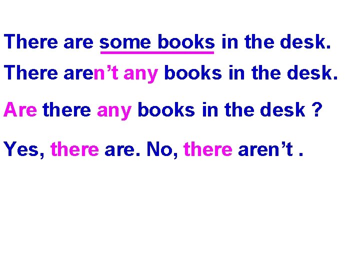 There are some books in the desk. There aren’t any books in the desk.