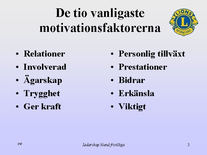 De tio vanligaste motivationsfaktorerna • • • SW Relationer Involverad Ägarskap Trygghet Ger kraft