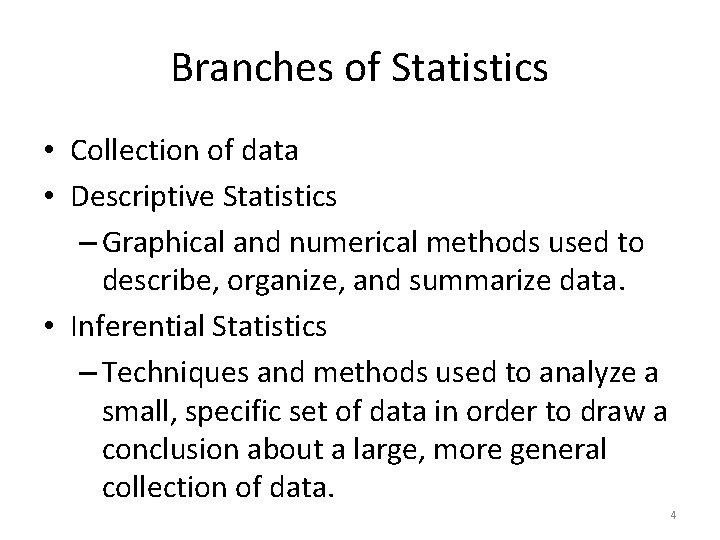 Branches of Statistics • Collection of data • Descriptive Statistics – Graphical and numerical