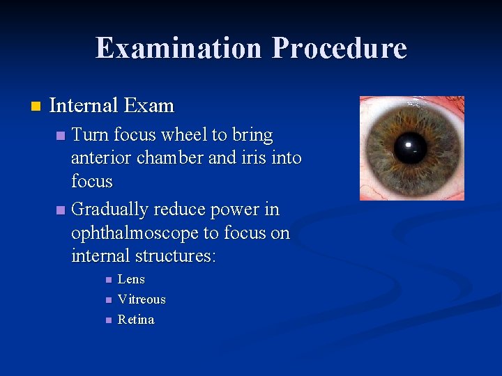 Examination Procedure n Internal Exam Turn focus wheel to bring anterior chamber and iris