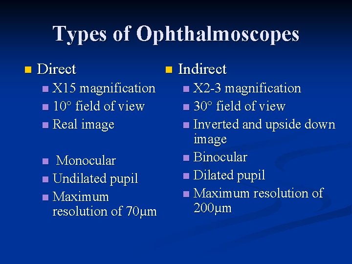 Types of Ophthalmoscopes n Direct X 15 magnification n 10° field of view n