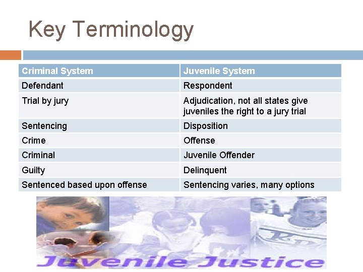 Key Terminology Criminal System Juvenile System Defendant Respondent Trial by jury Adjudication, not all