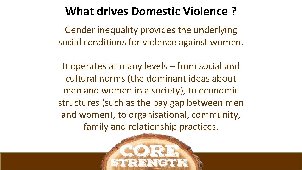 What drives Domestic Violence ? Gender inequality provides the underlying social conditions for violence