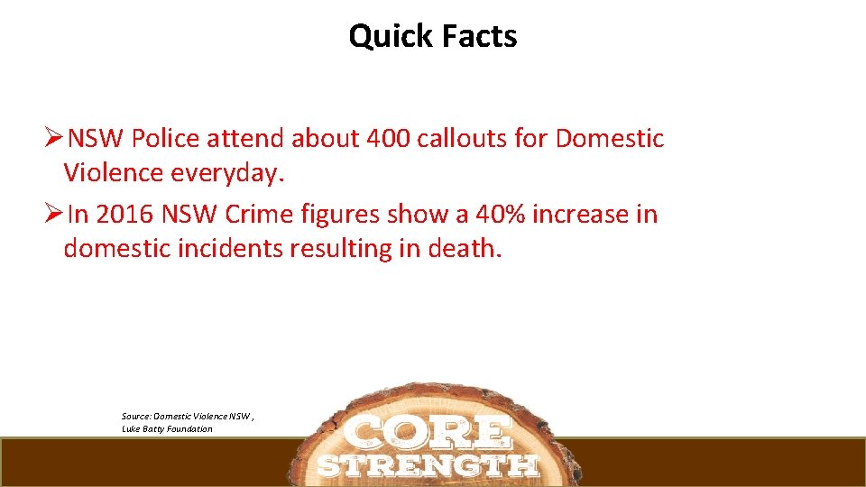 Quick Facts ØNSW Police attend about 400 callouts for Domestic Violence everyday. ØIn 2016
