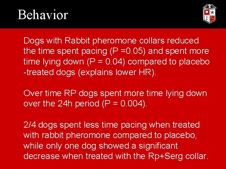 Behavior Dogs with Rabbit pheromone collars reduced the time spent pacing (P =0. 05)