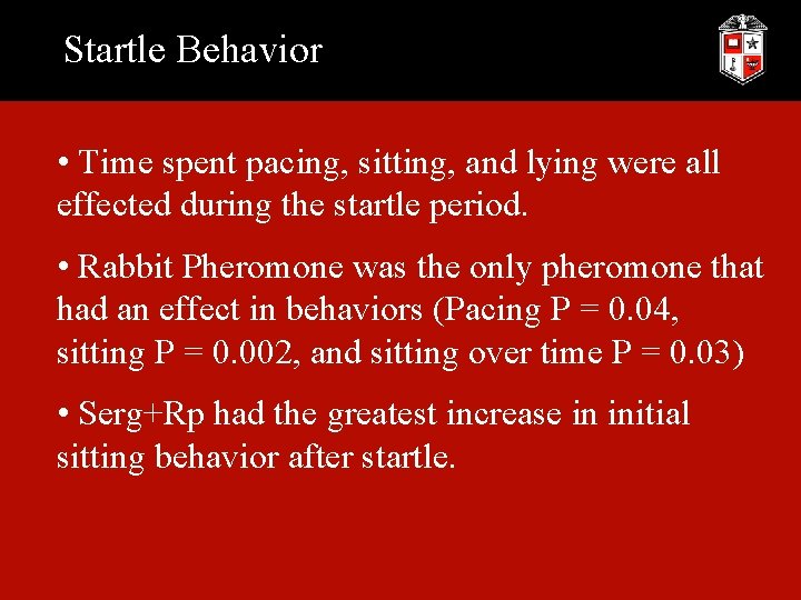 Startle Behavior • Time spent pacing, sitting, and lying were all effected during the