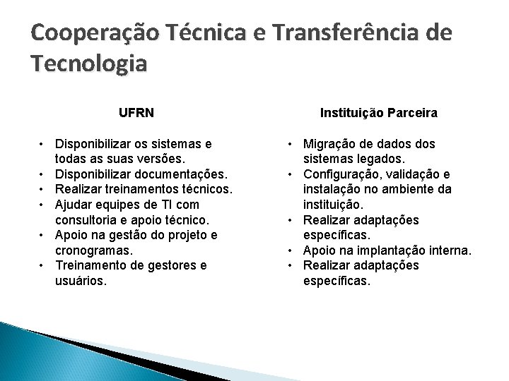 Cooperação Técnica e Transferência de Tecnologia UFRN Instituição Parceira • Disponibilizar os sistemas e