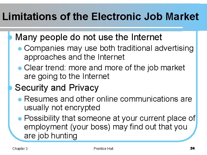 Limitations of the Electronic Job Market l Many people do not use the Internet