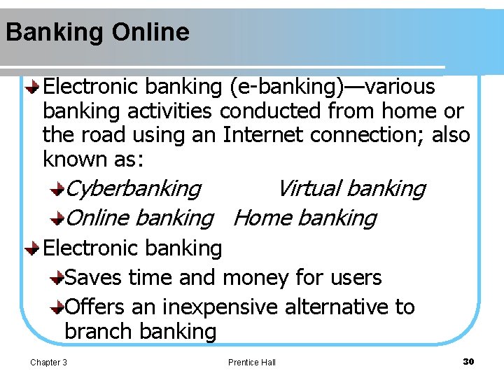 Banking Online Electronic banking (e-banking)—various banking activities conducted from home or the road using