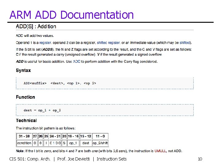 ARM ADD Documentation CIS 501: Comp. Arch. | Prof. Joe Devietti | Instruction Sets