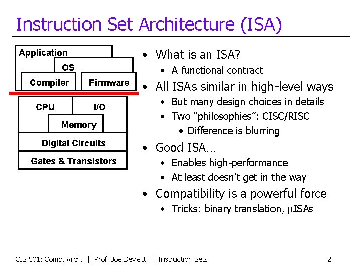Instruction Set Architecture (ISA) • What is an ISA? Application OS Compiler CPU •