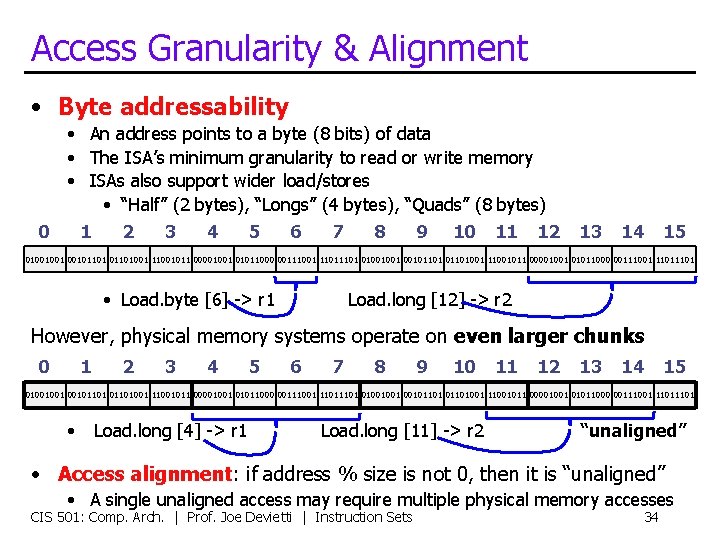 Access Granularity & Alignment • Byte addressability • An address points to a byte