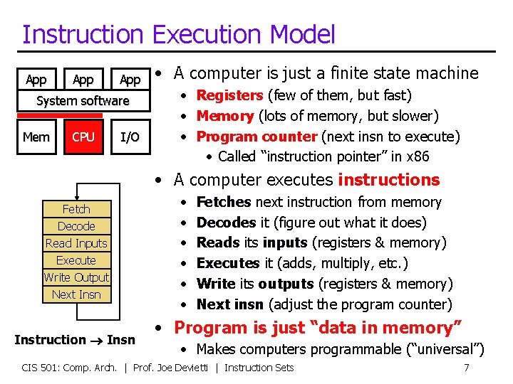 Instruction Execution Model App App System software Mem CPU I/O • A computer is