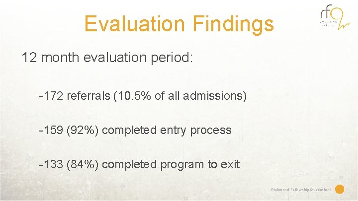 Evaluation Findings 12 month evaluation period: -172 referrals (10. 5% of all admissions) -159