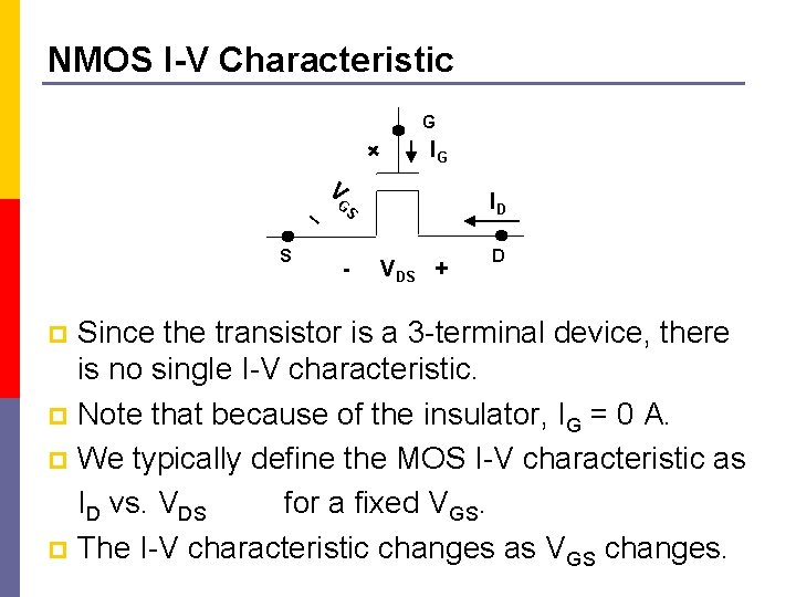 NMOS I-V Characteristic G + _ S IG V ID GS - VDS +