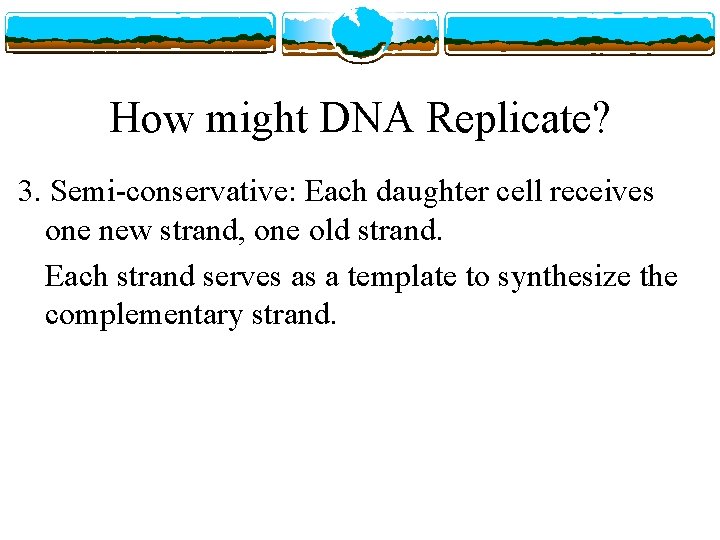 How might DNA Replicate? 3. Semi-conservative: Each daughter cell receives one new strand, one