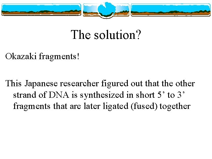 The solution? Okazaki fragments! This Japanese researcher figured out that the other strand of