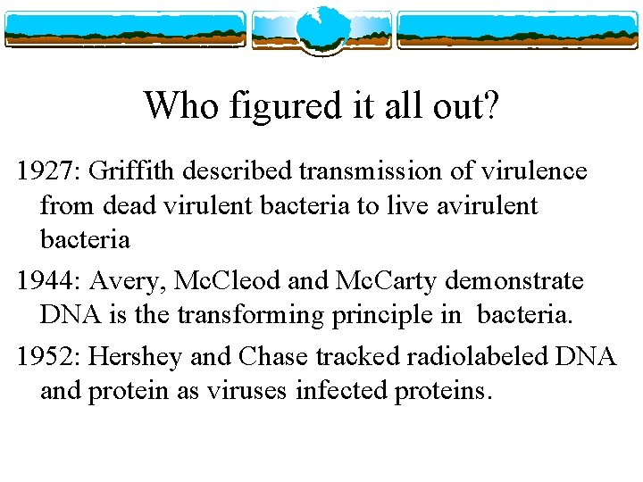 Who figured it all out? 1927: Griffith described transmission of virulence from dead virulent