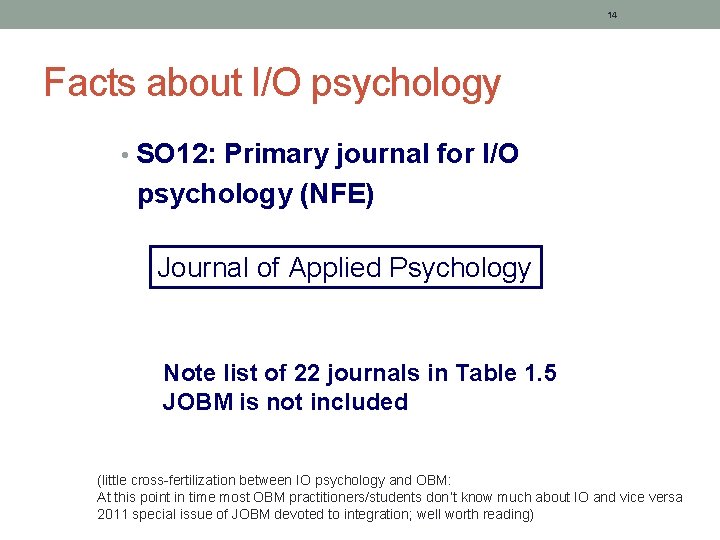 14 Facts about I/O psychology • SO 12: Primary journal for I/O psychology (NFE)