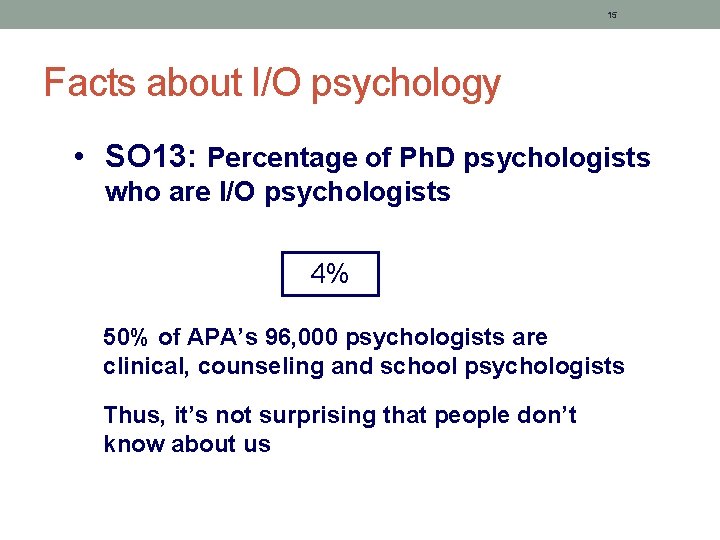 15 Facts about I/O psychology • SO 13: Percentage of Ph. D psychologists who