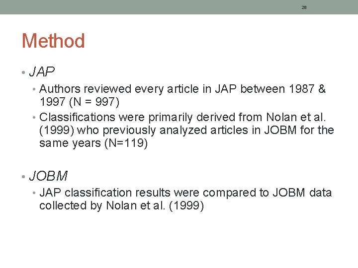 28 Method • JAP • Authors reviewed every article in JAP between 1987 &