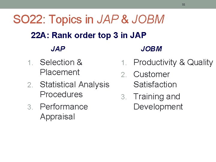 32 SO 22: Topics in JAP & JOBM 22 A: Rank order top 3