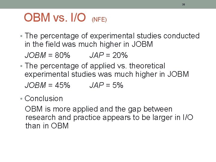 38 OBM vs. I/O (NFE) • The percentage of experimental studies conducted in the