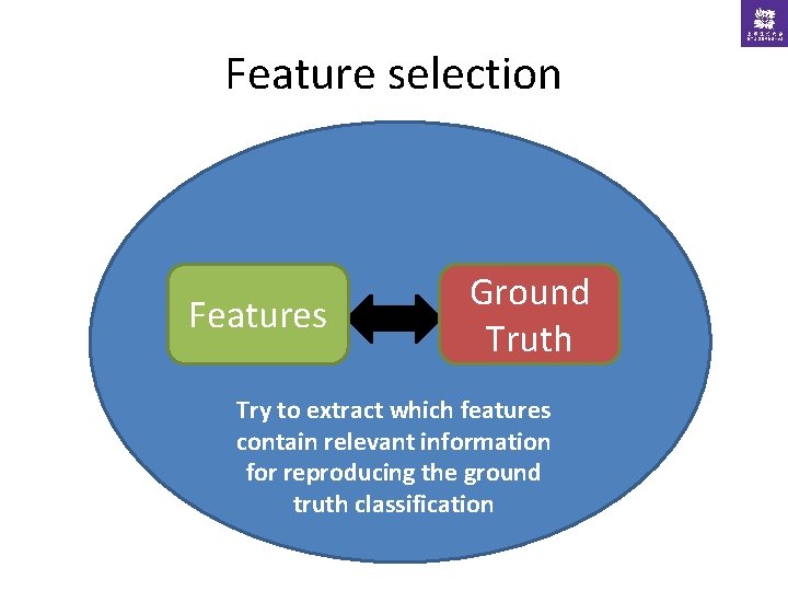 Feature selection Features Ground Truth Try to extract which features contain relevant information for